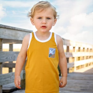 Mustard retro ringer tank for kids - Midbest Kid - Hiking shirt for kids - hike more - cotton handmade tank for kids - gifts under 30