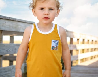 Mustard retro ringer tank for kids - Midbest Kid - Hiking shirt for kids - hike more - cotton handmade tank for kids - gifts under 30