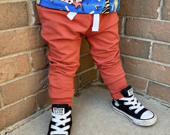 Terracotta orange red joggers, soft cotton pants for babies, toddlers and kids, handmade comfy pants
