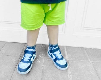 Bright neon green Beach shorts - toddler boys girls shorts - faux drawstring shorts - Cotton french terry spandex shorts