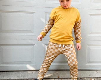 Mustard checker pants - French terry leggings - CHecker pants for kids.  - gifts for kids under 40