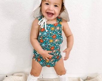 Floral  baby overall - Flower daisy romper - baby romper - unisex baby romper - summer romper