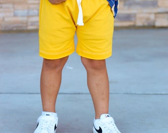 Bright Yellow Beach shorts - toddler boys girls shorts - faux drawstring shorts - Cotton french terry spandex shorts