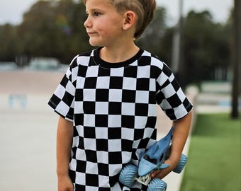 Black and white checker tee, monochrome tshirt, cotton lycra tshirt