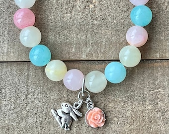 Easter Bunny & Rose Charms Quartzite Beaded Stretch Bracelet