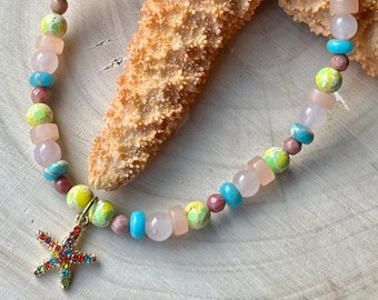 Starfish Charm Gemstone Beaded Stretch Anklet