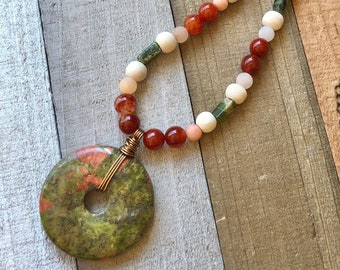 Unakite Donut Bead & Chain Necklace