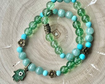 Hamsa Charm Gemstone Beaded Stretch Anklet