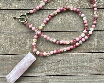 Rose Quartz Point Gemstone Beaded Necklace