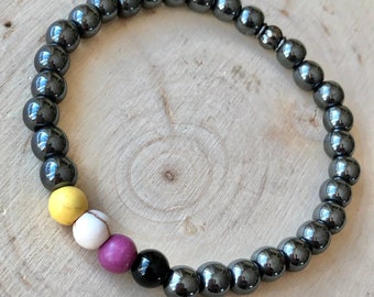 Nonbinary Pride Hematite Beaded Stretch Bracelet, Pride Donation