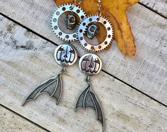 Steampunk Jack-O-Lantern & Bat Wing Dangle Earrings