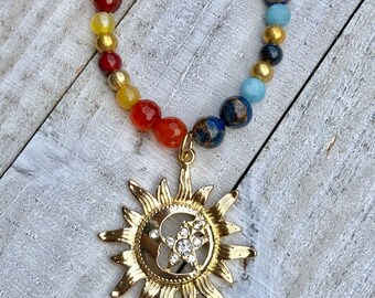 Sun & Moon Pendant Bead and Chain Necklace