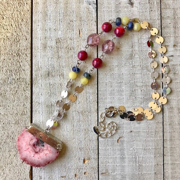 Rock Crystal Druzy Pendant Bead and Chain Necklace