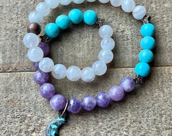 Crescent Moon Charm Gemstone Beaded Stretch Anklet