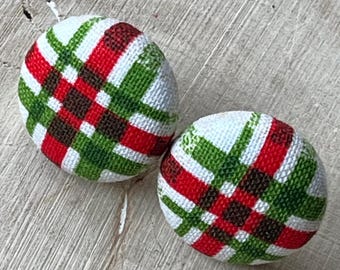 Christmas Plaid Fabric Covered Button Studs