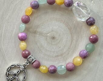 Peace Sign Charm Gemstone Beaded Stretch Bracelet