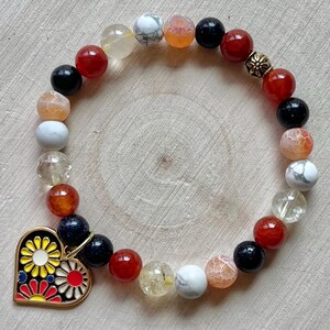 Floral Heart Charm Gemstone Beaded Stretch Bracelet