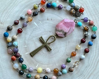 Ankh Pendant Mixed Gemstone Beaded Necklace