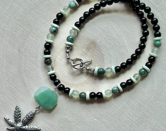 Marijuana Leaf & Aventurine Gemstone Beaded Necklace