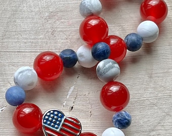 American Flag Heart Gemstone Beaded Stretch Bracelet