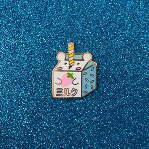 Strawberry Milk Bear Carton Hard Enamel Pin - Bashful Bear Drink Fridge Series