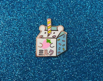 Strawberry Milk Bear Carton Hard Enamel Pin - Bashful Bear Drink Fridge Series