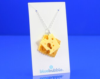 bluebubble NIBBLES Cheese and Biscuit Charm Necklace on Gift Card - Kitsch Kawaii Food Charm