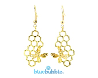 bluebubble ENGLISH GARDEN Honey Bee and Honeycomb Charm Dangle Earrings - Choice of Silver or Gold