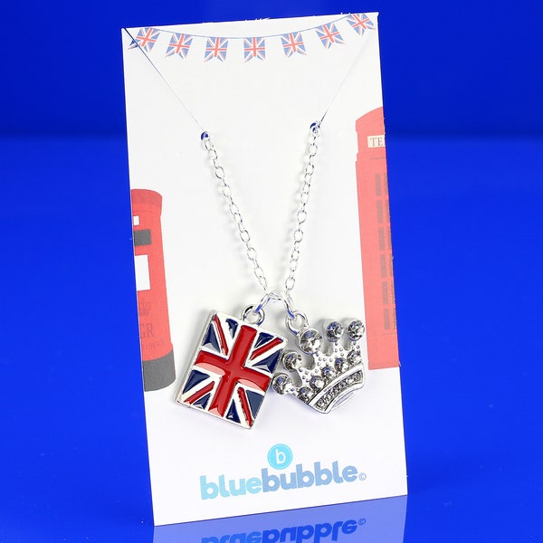 bluebubble KINGS CORONATION Celebration Necklace with Union Jack Flag & Royal Diamante Crown Charm Funky Anniversary Party Gift