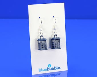bluebubble TIME TRAVELLER 3D Tardis Dangle Earrings on Gift Card - Funky Police Phone Box Fun Retro TV Show