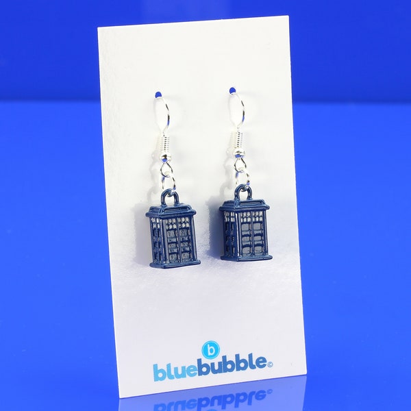 bluebubble TIME TRAVELLER 3D Tardis Dangle Earrings on Gift Card - Funky Police Phone Box Fun Retro TV Show