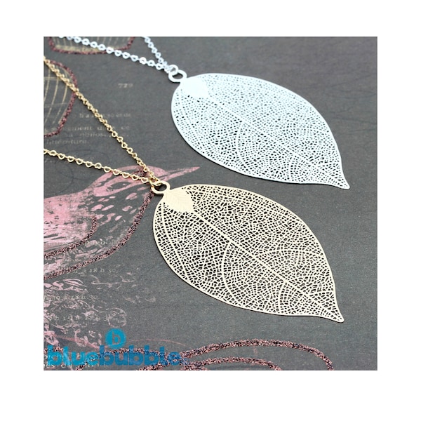 bluebubble NATURE Filigree Leaf Necklace 30" Long Chain - Gold plated or Silver Plated