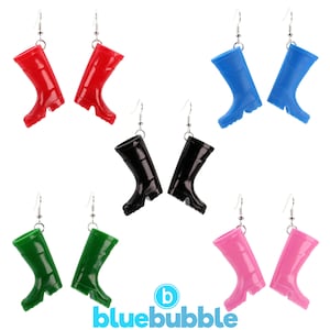 May include: A set of six pairs of dangle earrings featuring miniature rain boots in red, blue, black, green, and pink.