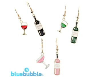 bluebubble CHEERS Wine Bottle and Glass Dangle Earrings on Gift Card - Kitsch Drink Charms