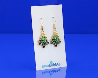 bluebubble MERRY CHRISTMAS Green Xmas Tree Dangle Earrings on Gift Card
