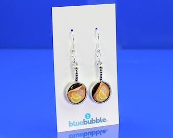 bluebubble PANCAKE DAY Silver Frying Pan with Pancake Charm Dangle Earrings on Gift Card - Funky Kitsch Food Jewellery