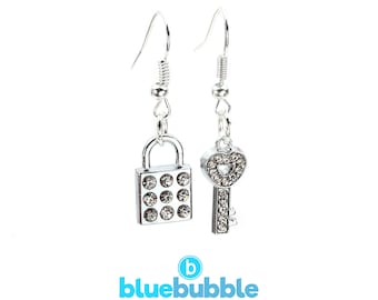 bluebubble FOREVER Silver Diamante Padlock and Key Dangle Earrings on Gift Card - Love, Anniversary, Wedding,  21st Birthday Present