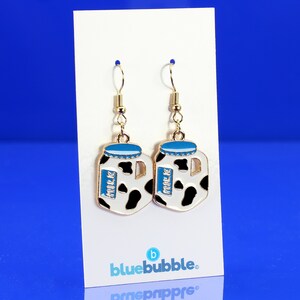 bluebubble ALL DAY BREAKFAST Milk Carton Dangle Drop Earrings on Gift Card - Funky Food Charms