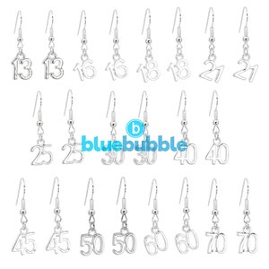 Bluebubble CELEBRATE Boucles d'oreilles pendantes argentées avec breloque numéro d'âge d'anniversaire sur une carte-cadeau