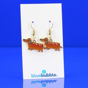 bluebubble HOT DOG Sausage Dog Dangle Earrings on Gift Card - Cute Kitsch Retro