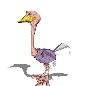 Plantilla PDF de papel de avestruz de dibujos animados, animal, pájaro, decoración de mesa, trofeo DIY, bajo en poli