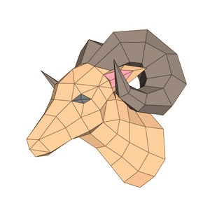 Cabra Ram papercraft Patrón PDF imprimible Trofeo de plantilla de pared de taxidermia falsa DIY de baja poli