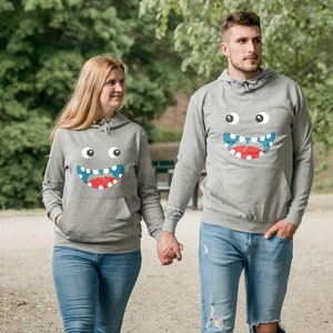 Matching couple hoodie - herringbone neck tape, brushed inside, side seams, elastic cuffs and waistband - Couple hoodies with print of fun smiles - his and hers hoodies - couple hoodies - matching couple - grey couple hoodie