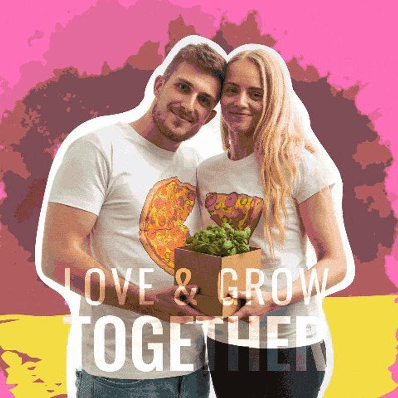 Couple with matching shirts holding a brown cardboard box with a basil plant inside - attractive packaging cardboard box for gift - cardboard box with basil seeds inside for you to grow together - grow your basil seeds and grow your love together