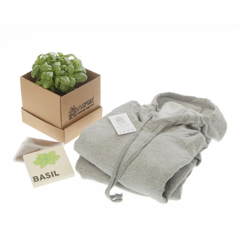 Hoodies are packed in a premium class cardboard box which can be used as flowerpot and includes compressed earth and seeds inside - brown premium class cardboard box with basil seeds - premium cardboard suitable for a very nice gift