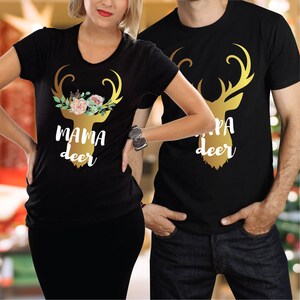 Couple with printed matching shirts - shirts with print of deer mama and deer papa - jersey regular fit shirt with elastane round neck - 100% organic cotton shirts - black matching couple shirts- matching tees - couple shirts