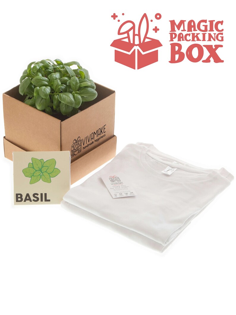 Shirts are packed in a premium class cardboard box which can be used as flowerpot and includes compressed earth and seeds inside - brown premium class cardboard box with basil seeds - premium cardboard suitable for a very nice gift