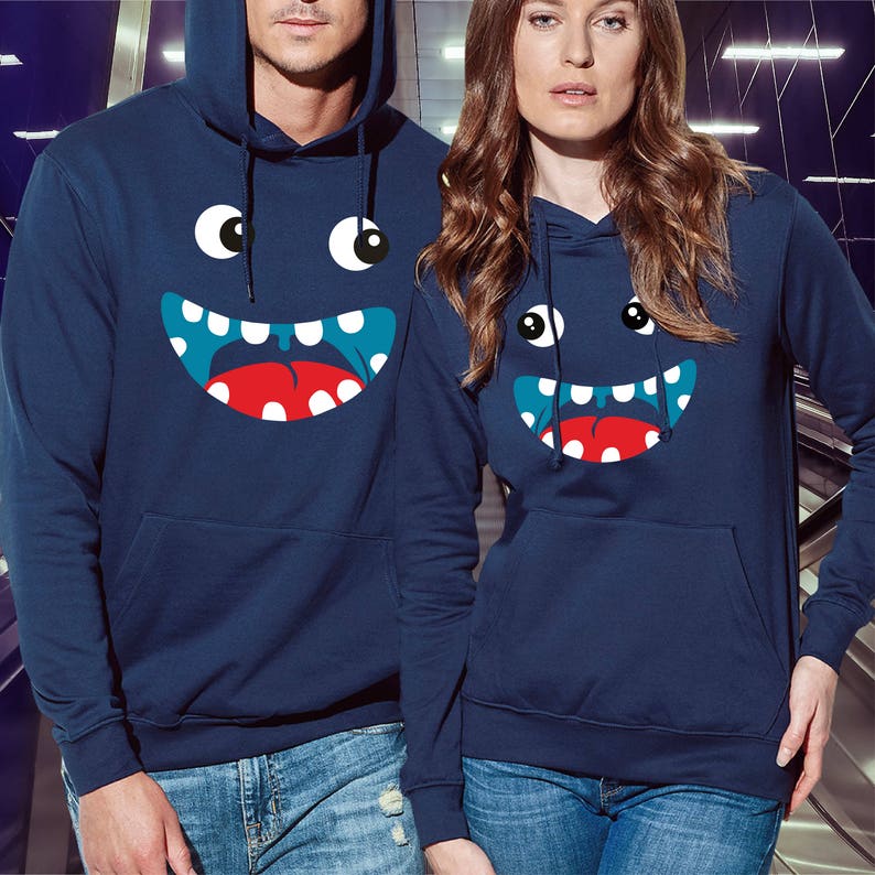 Matching couple hoodie - herringbone neck tape, brushed inside, side seams, elastic cuffs and waistband - Couple hoodies with print of fun smiles - his and hers hoodies - couple hoodies - matching couple - blue couple hoodie