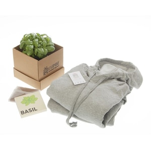 Hoodies packed in a premium class cardboard box which can be used as flowerpot and includes compressed earth and seeds inside - brown premium class cardboard box with basil seeds - premium cardboard suitable for a very nice gift