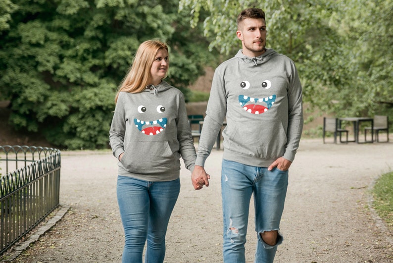 Matching couple hoodie - herringbone neck tape, brushed inside, side seams, elastic cuffs and waistband - Couple hoodies with print of fun smiles - his and hers hoodies - couple hoodies - matching couple - grey couple hoodie